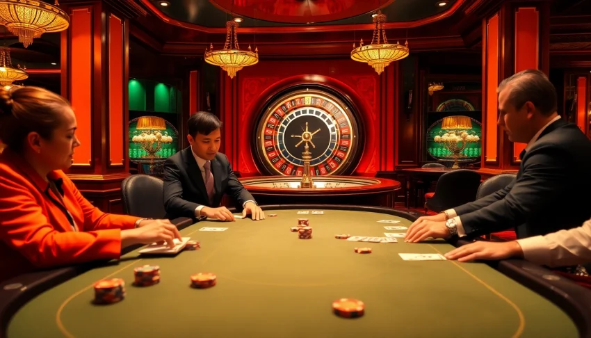 Excited players enjoying a high-stakes game at luckywin's luxurious casino.
