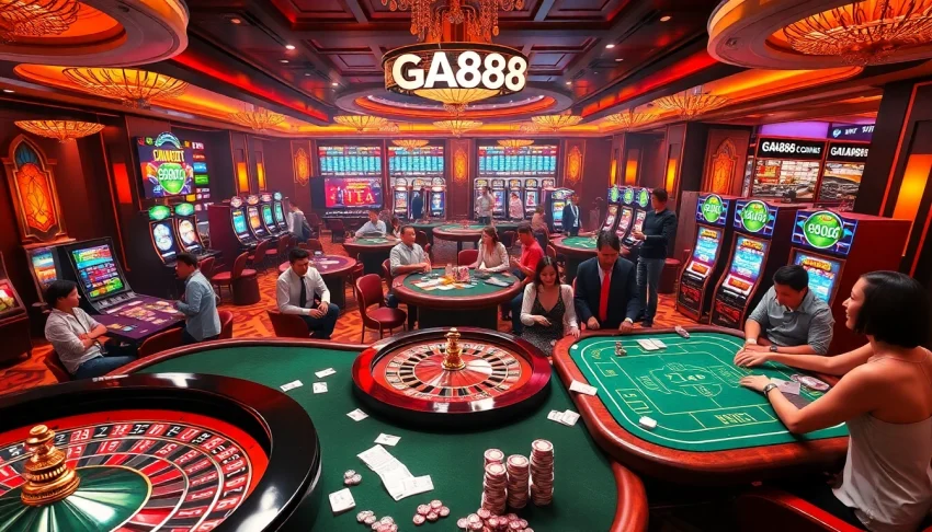 Experience the luxury of gambling at GA888, featuring thrilling games, impressive poker tables, and vibrant casino lights.