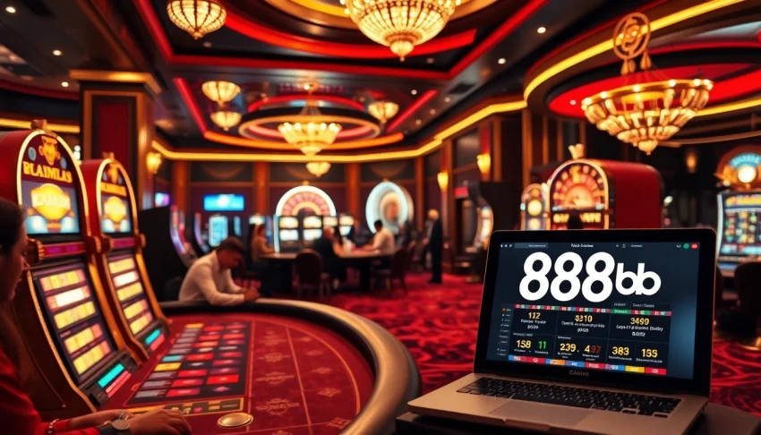 Players engaging at high-stakes poker tables and slot machines in a stunning 888b km casino scene.