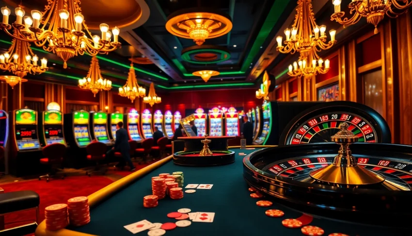 Experience the excitement at okfun casino with vibrant gaming tables featuring colorful poker chips and cards.