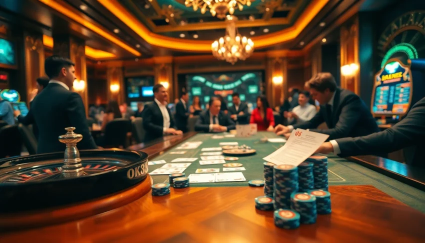 Players placing bets at a luxurious OK365 casino poker table, highlighting the thrill of gaming.