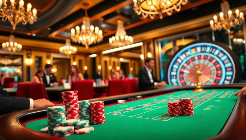 Players enjoying a thrilling blackjack game at OK365 casino with vibrant poker chips and roulette.