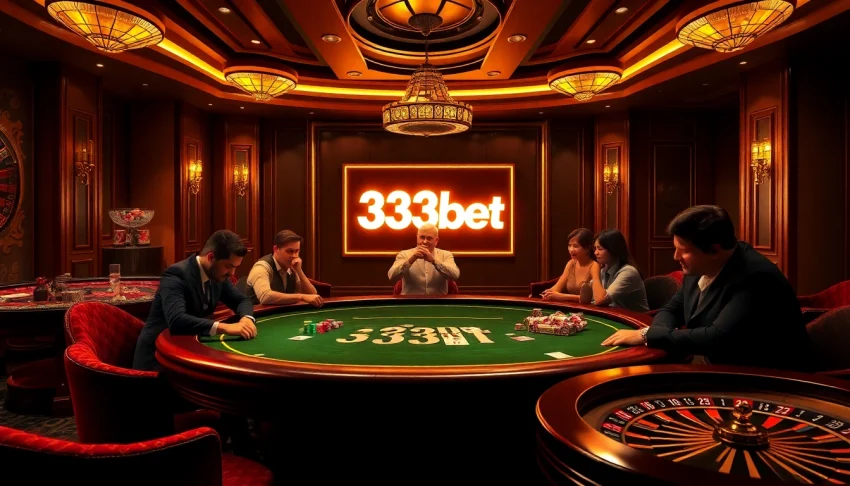 Exciting poker game at 333bet casino showcasing vibrant chips and cards on a luxurious table.