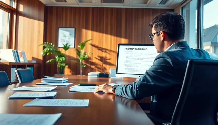 Traducteur certifié au travail, présentant le rôle de traducteur agréé dans un cadre professionnel.