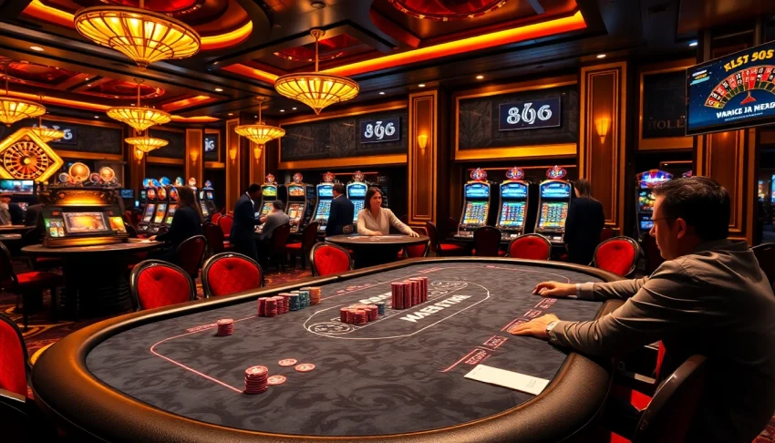 Exciting poker action at a professional casino table linked with https://bj66.at, showcasing vibrant chips and live betting.