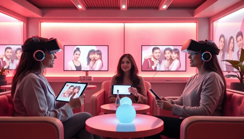 Engaging AI sexchat experience in a cozy digital café setting with lifelike avatars.