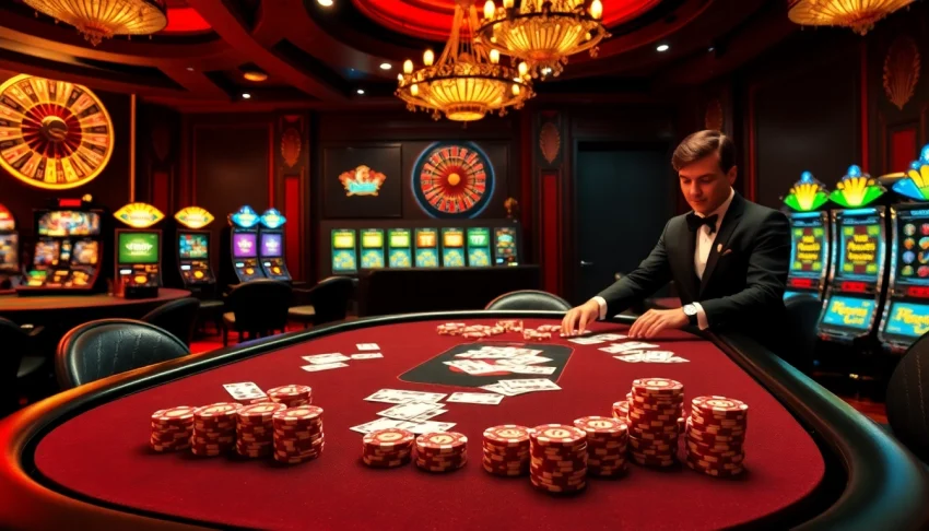 Experience high-stakes action at 777g with a luxurious casino scene showcasing poker, roulette, and slot machines.