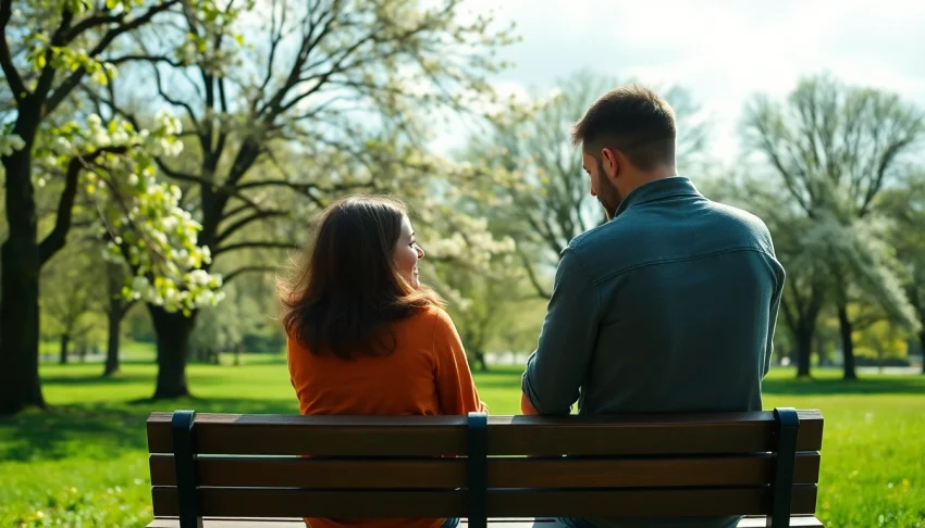 Couple en discussion pour sauver son couple dans un parc paisible, symbolisant la communication.