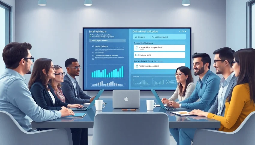Des professionnels engagés discutant de la validation en ligne des e-mails avec des analyses affichées, symbolisant l'innovation.