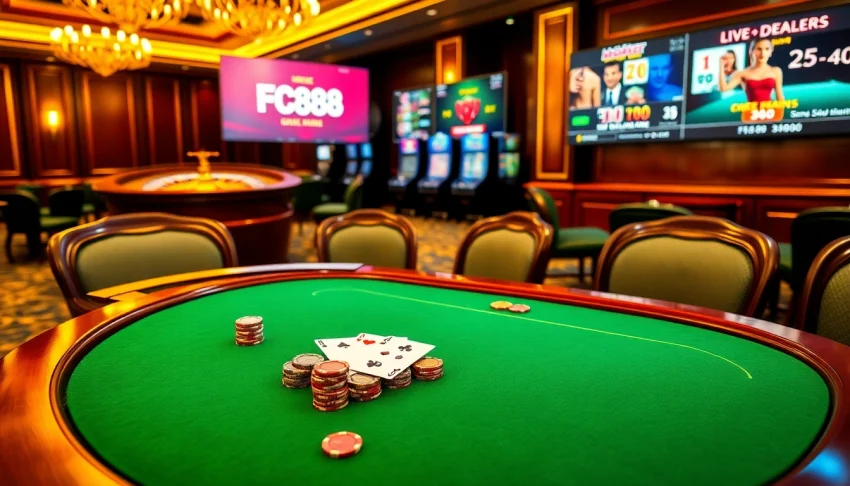 Experience exceptional thrills at FC88's lavish casino with poker chips and winning cards.