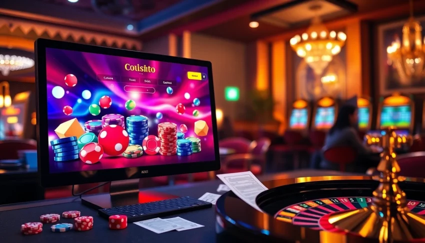 Casino en ligne sans verification showcasing an exciting digital environment with poker chips, slots, and roulette.