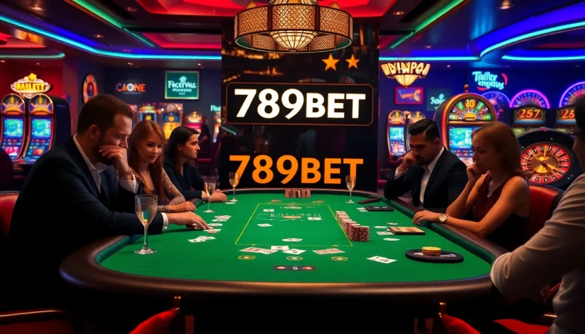 Players engaging in a high-stakes poker game at 789BET's luxurious casino table.