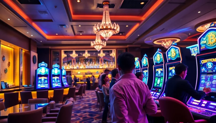 Les joueurs s'affrontent dans un crypto casino animé, entourés de lumières vives et de machines modernes.