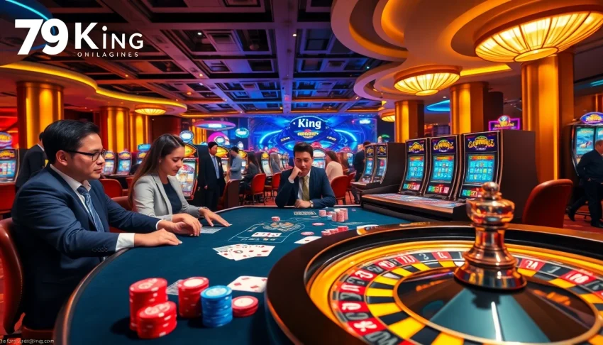 79 King features thrilling gaming action at a luxurious casino table with vibrant poker chips.