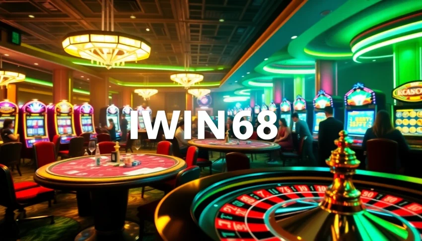 IWIN68 players enjoying a vibrant casino atmosphere with poker games and slot machines.