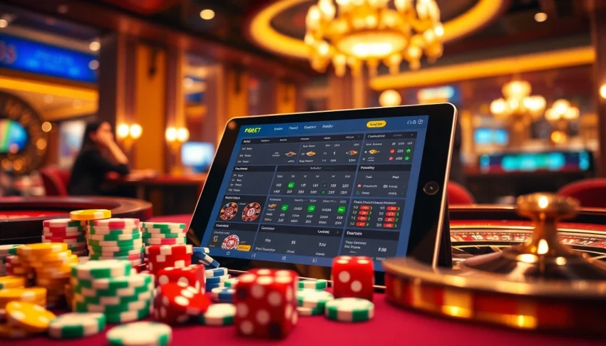 Engaging F8BET online gambling scene featuring poker chips and a modern betting interface.