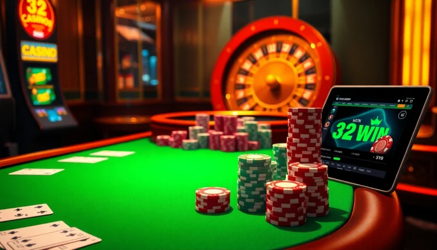 Experience thrilling gambling gameplay at https://32wincasino.com/ with luxurious poker tables and colorful chips.