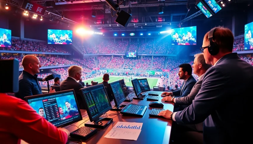 Engaging sports broadcasting scene showcasing announcers and live action, capturing excitement.