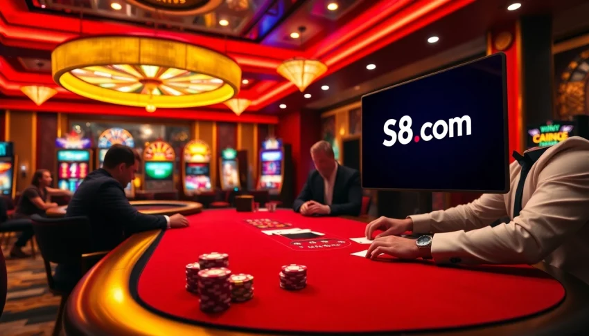 Exciting poker game scene showcasing S8.com branding with luxurious casino elements.