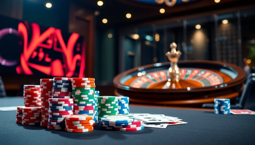 Experience the excitement of meilleurs sites de paris sportifs with a luxurious gambling scene showcasing poker chips, cards, and a spinning roulette.