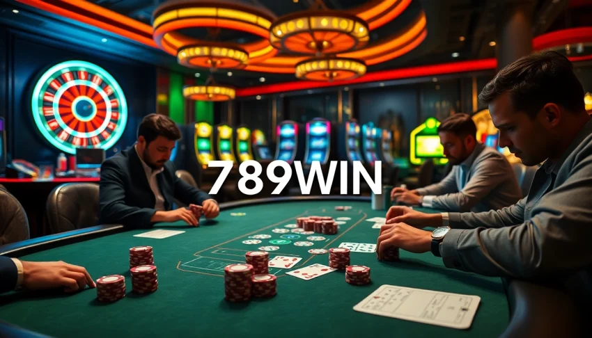 Players experiencing the excitement of 789WIN at a luxurious poker table in a vibrant casino setting.