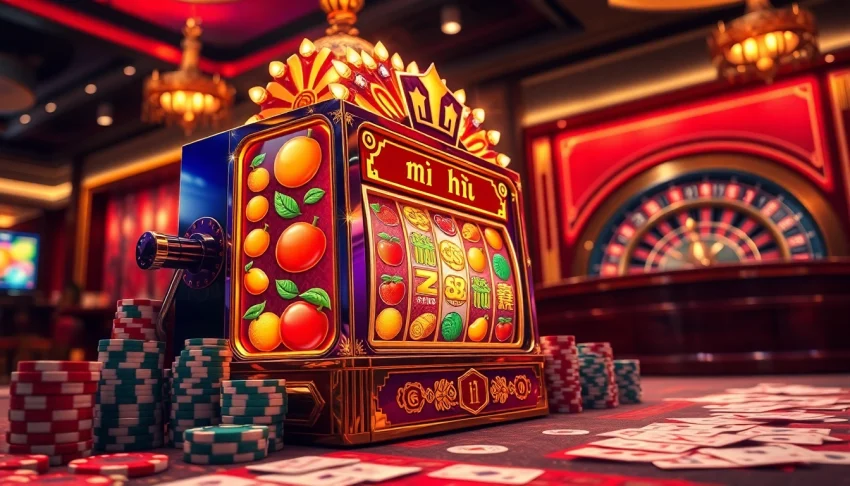 Engaging scene of nổ hũ slot machine surrounded by poker chips and cash in a luxurious casino.