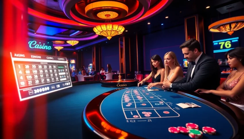 Join the excitement of SODO Casino as players engage in strategic blackjack action under vibrant neon lights.