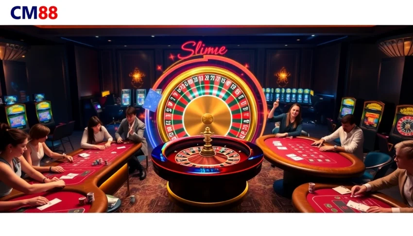 Players enjoy high-stakes gambling at CM88 casino with vibrant roulette and poker tables.