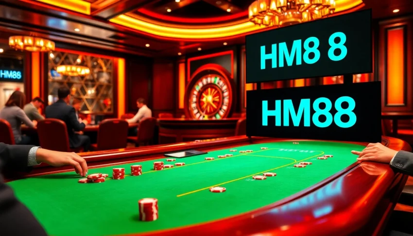 Experience high-stakes betting at an elegant HM88 poker table with colorful chips and cards.