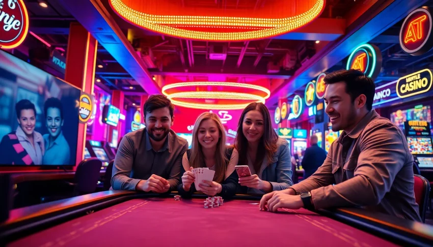Vibrant atmosphere of casino en ligne with friends enjoying gaming experience.