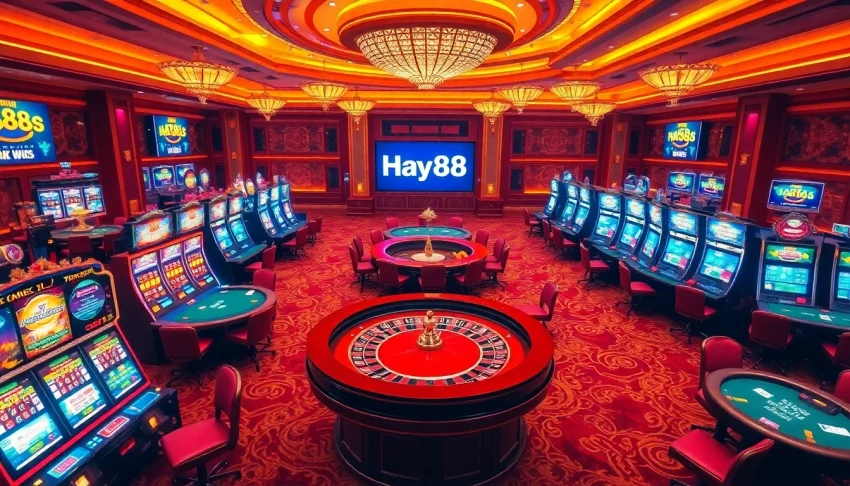 Experience thrilling gambling action at Hay88's luxurious casino featuring vibrant tables and elegant game interfaces.