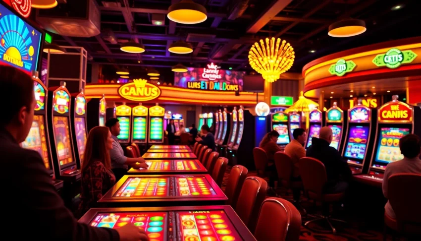 Joueurs appréciant l'expérience de casino en ligne avec des machines colorées et des tables.