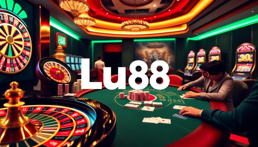 Lu88 players enjoying a thrilling poker game with vibrant chips and cards.