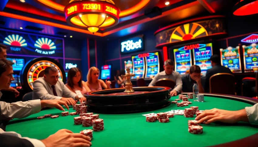 F8bet players engaged at a luxurious poker table in a vibrant casino scene.
