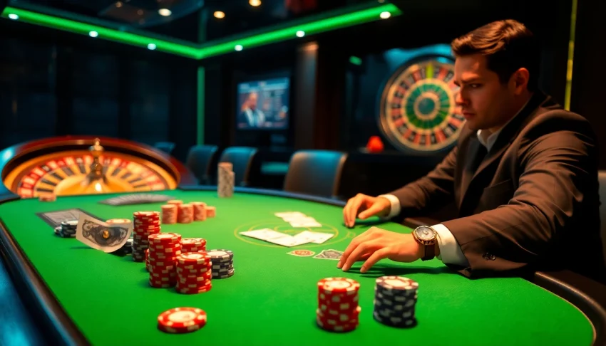 Players enjoying intense poker action at Lu88's luxurious casino table surrounded by chips and cards.