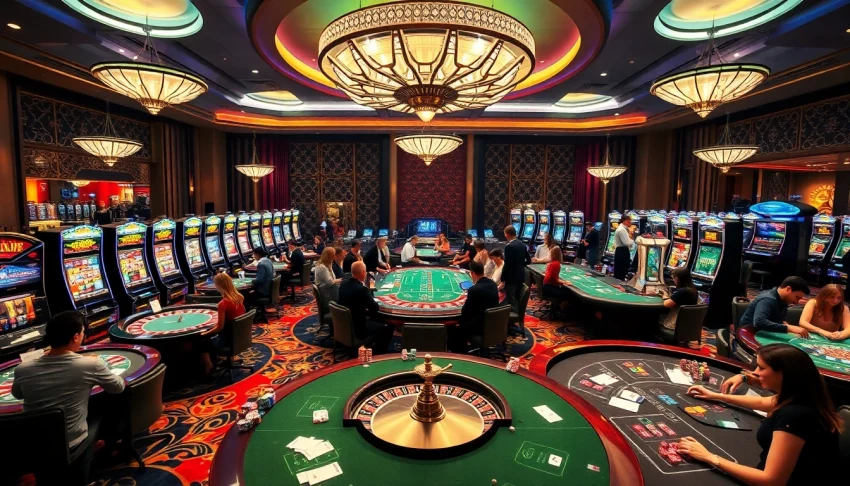 Experience thrilling gameplay at https://five88sss.com/ with an exciting casino scene filled with players and games.