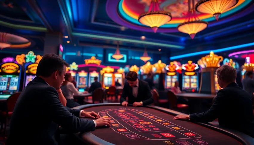 Jouez à casino en ligne dans un environnement de casino glamour avec des machines à sous vibrantes.