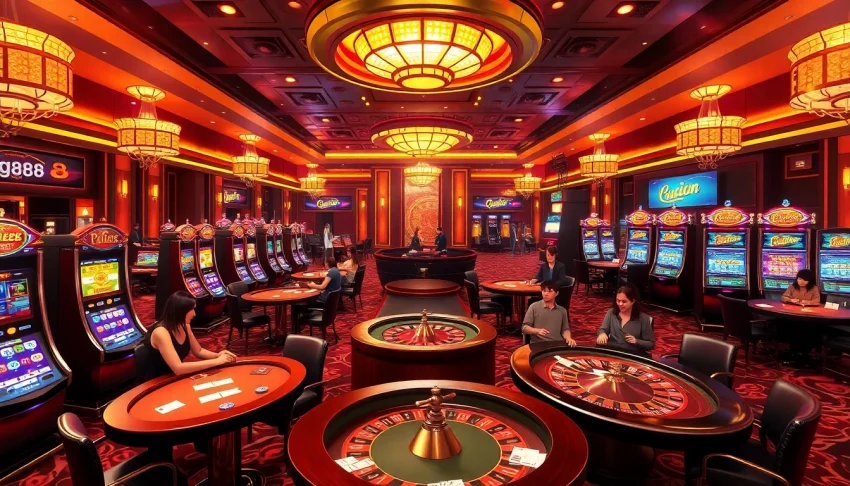 Players enjoying exciting gaming experiences at tg88 casino with slot machines and poker tables.