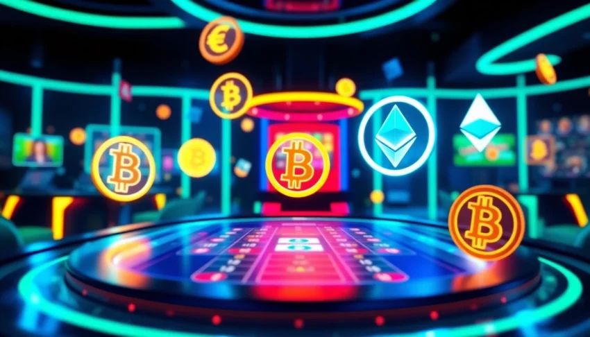 Jouer à des jeux de casino crypto avec une atmosphère dynamique et des lumières néon.