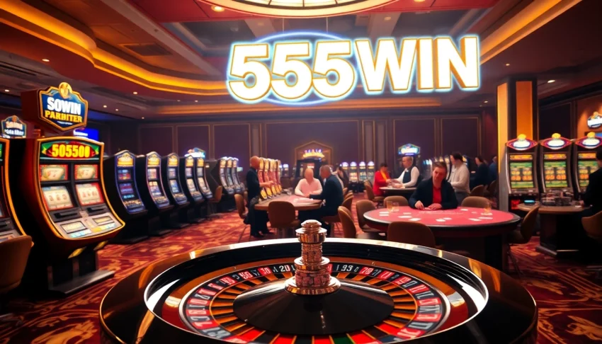 Experience the excitement of a winning moment at 555 win with vibrant casino elements and players enjoying their game.