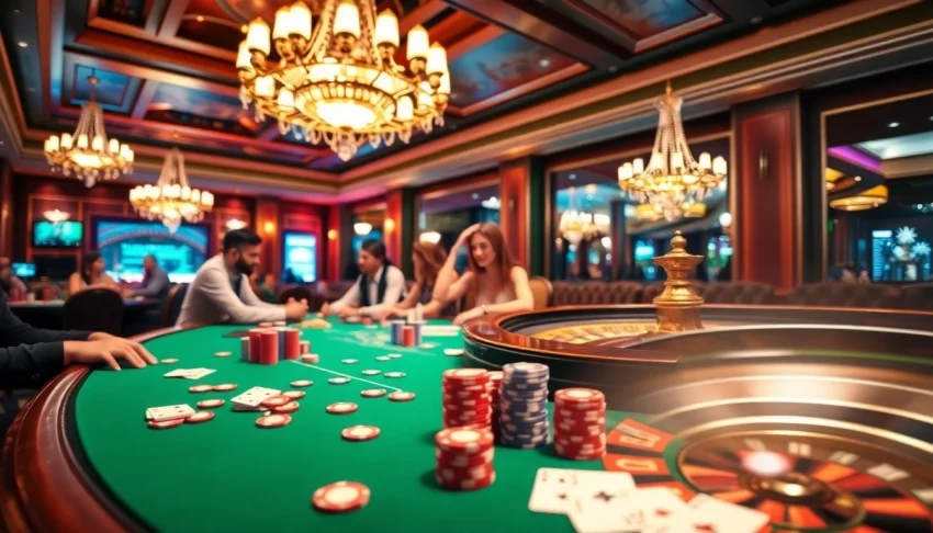 Experience thrilling gameplay at i9bet poker tables with colorful chips and an exciting roulette wheel.