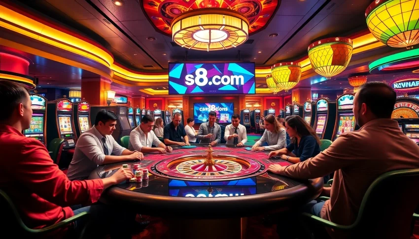 Gambling enthusiasts play at an upscale casino featuring elements from s8 com, including vibrant slot machines and poker chips.