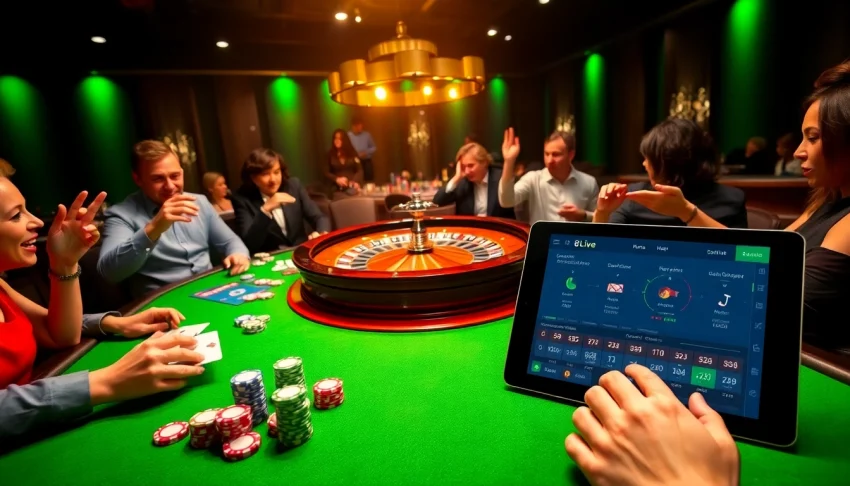 Exciting scene of players at a casino table with 8Live online betting interface, capturing the thrill of gambling.