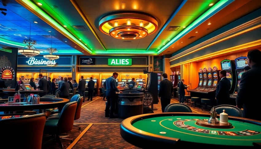 Automatic Transmission Specialist servicing vehicles while gambling patrons enjoy poker and roulette.