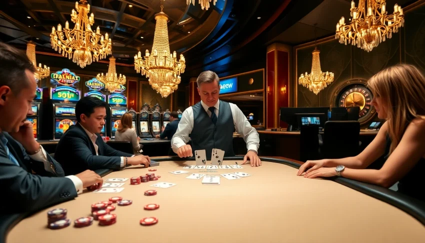 Experience the thrilling ambiance of gambling at 888new with energetic players at a blackjack table.