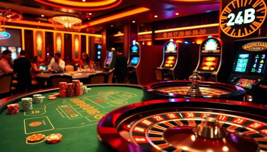 Excited gamblers at a luxurious casino table engaging in games with 123B displayed in decor.