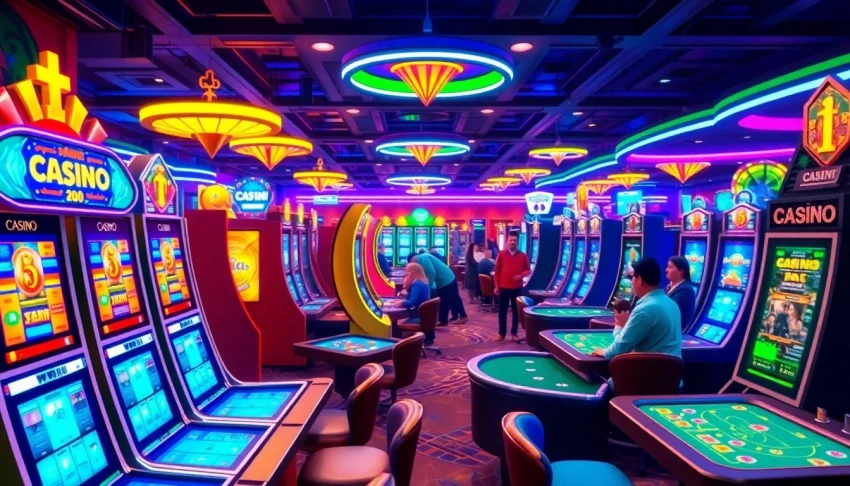 Jouer dans un crypto casino moderne avec des machines à sous et des tables de poker animées.