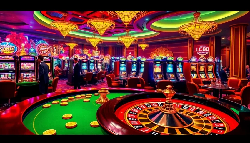 Gamblers enjoying high-stakes roulette at LC88 casino, showcasing luxury and excitement.