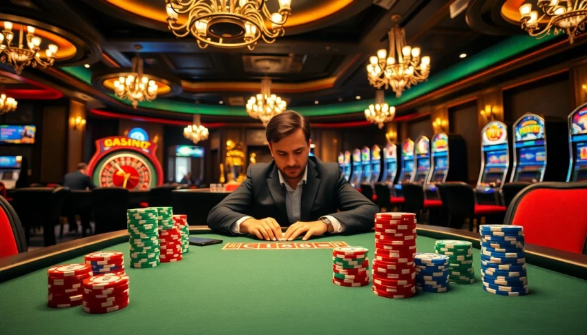 Expert gambler plays at poker table with C168-themed poker chips in an upscale casino.