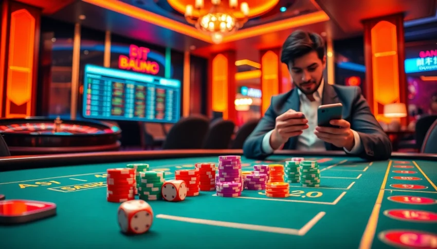 Playing tài xỉu online with vibrant gaming elements and a digital interface in an exciting casino setting.